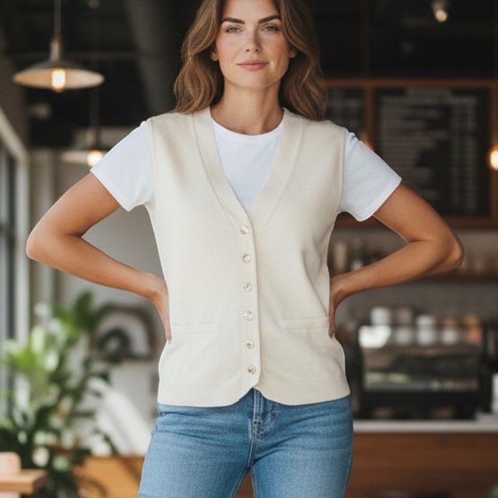 Jason Wu Cream Viscose Blend V-Neck Button Front Vest Gold Crest Buttons PM NWT